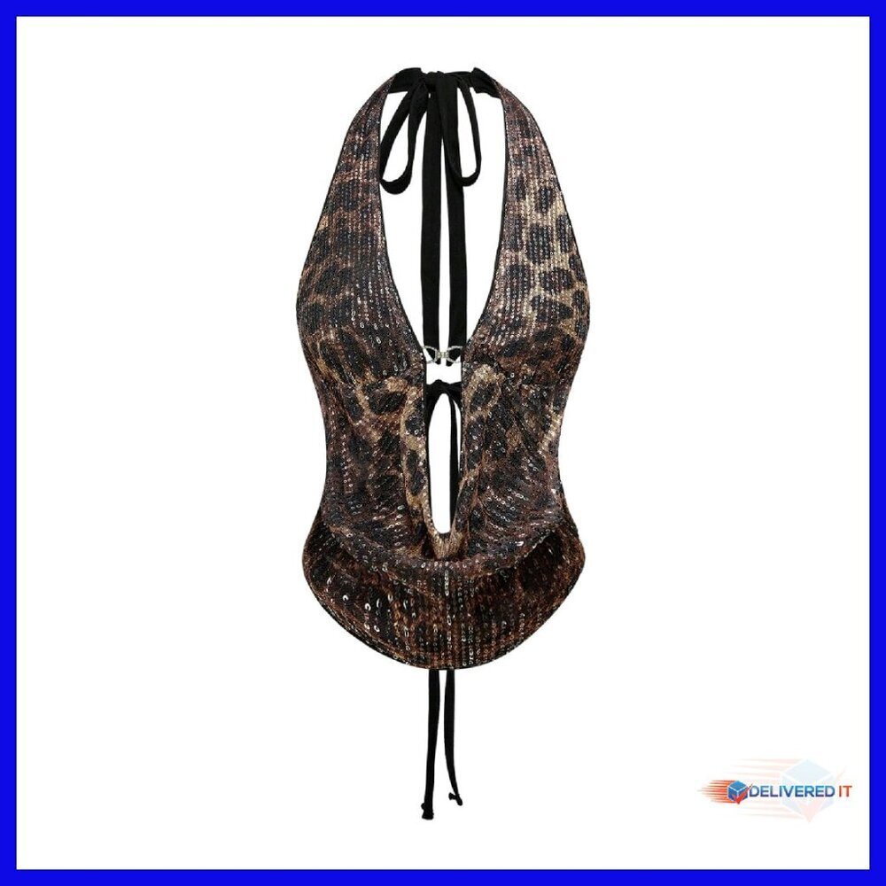 Sequin Halter Corset Top Y2K Tie Back Plunge Neck Crop